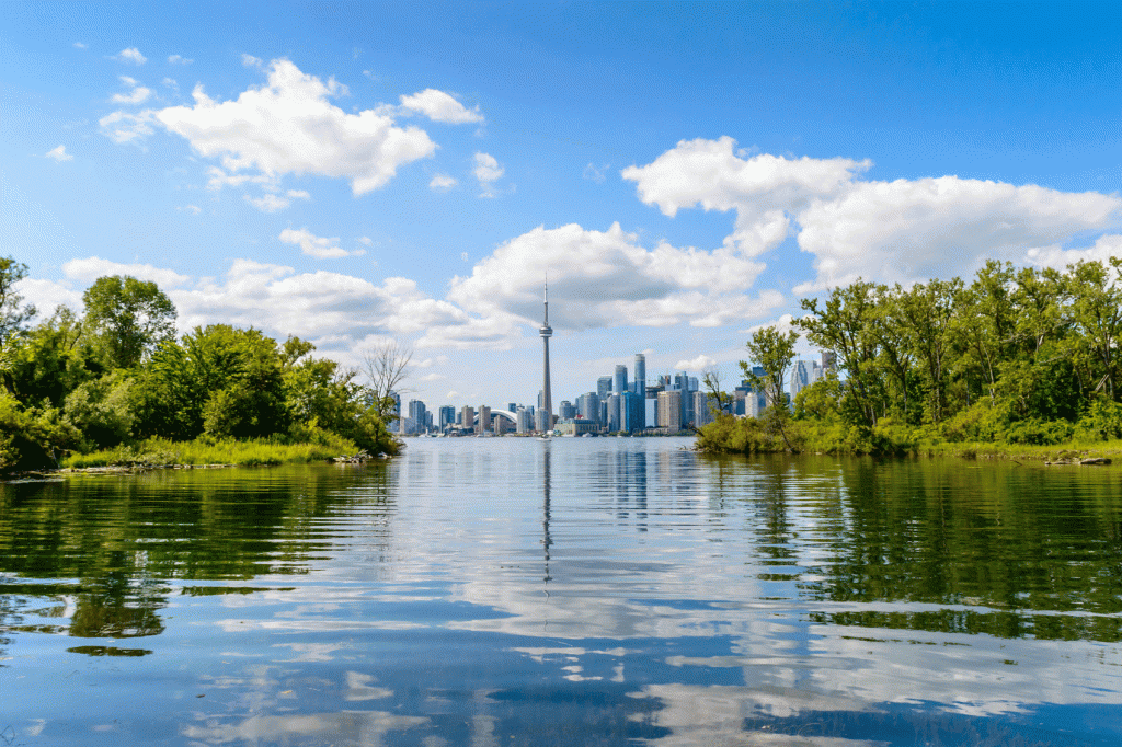 Toronto skyline reflected in the water.