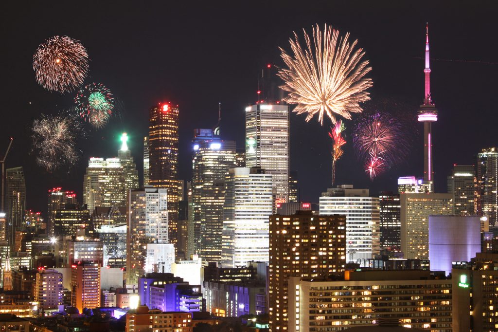 Fireworks in the sky over a city.