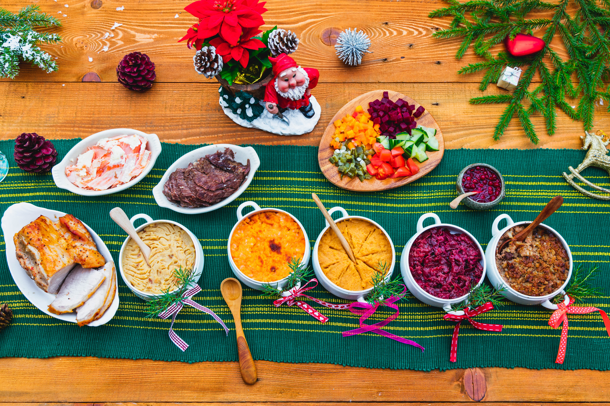 A table with a variety of Scandinavian Christmas dishes on it.