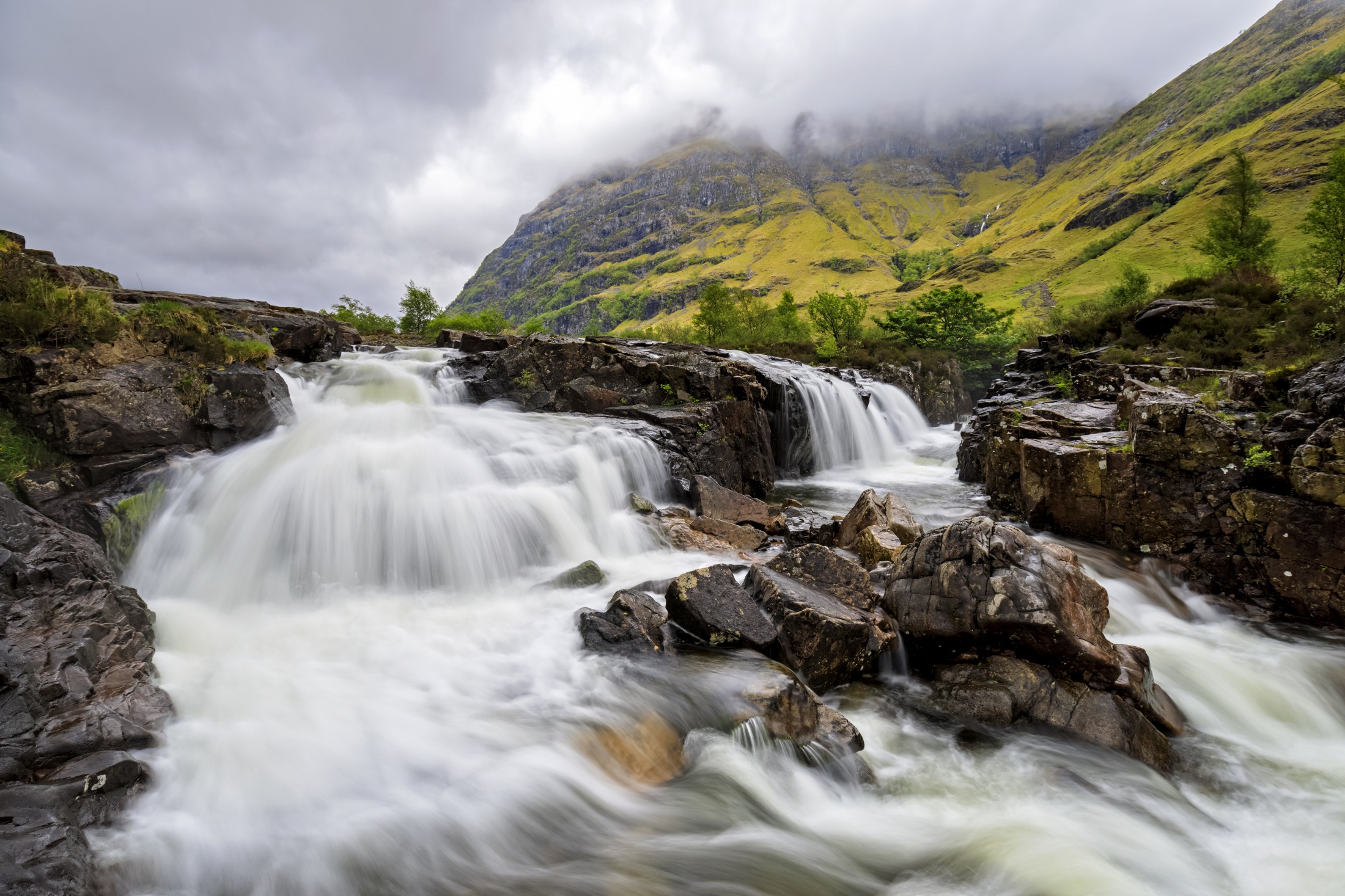 A filming location in Scotland featuring a waterfall under a cloudy sky.