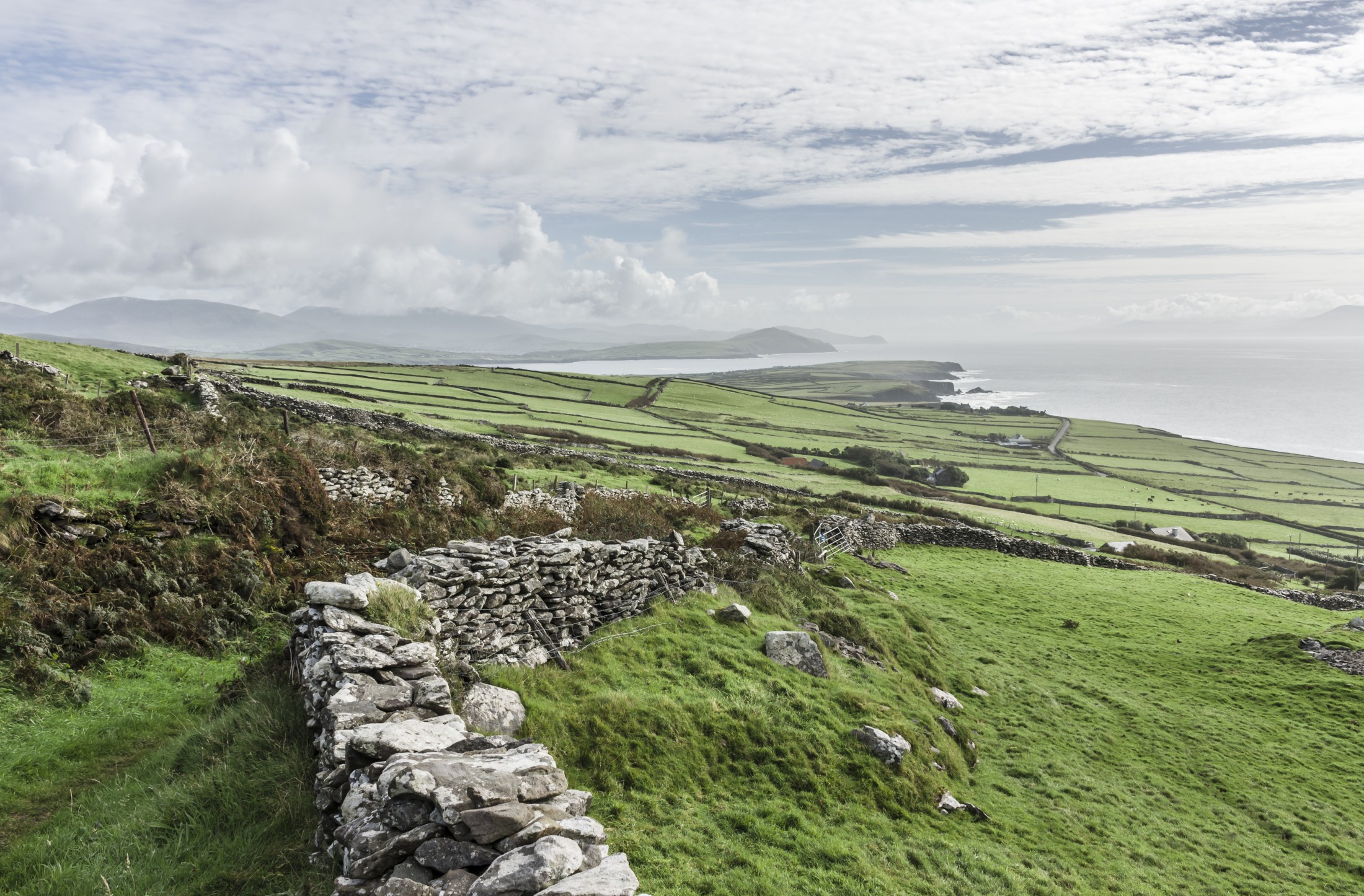 A picturesque stone wall on a hillside, perfect for filming locations with breathtaking ocean views.