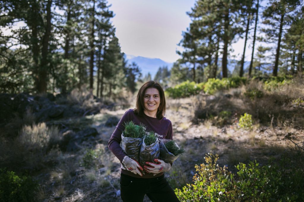 A woman holding a bunch of plants in the woods.