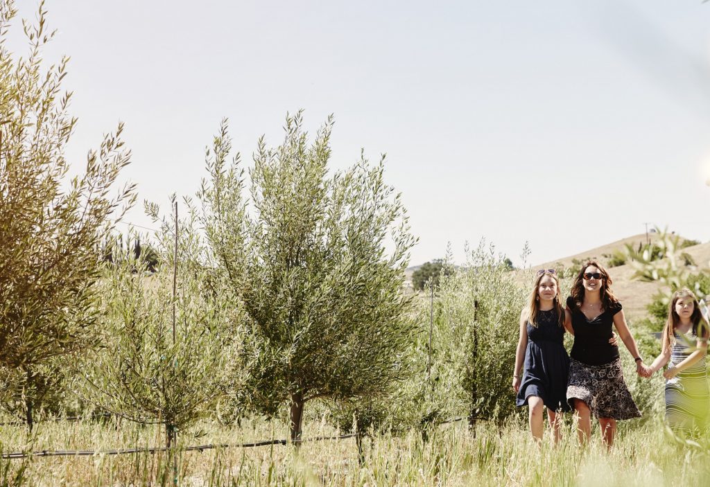 A group of women walking through a field of trees.