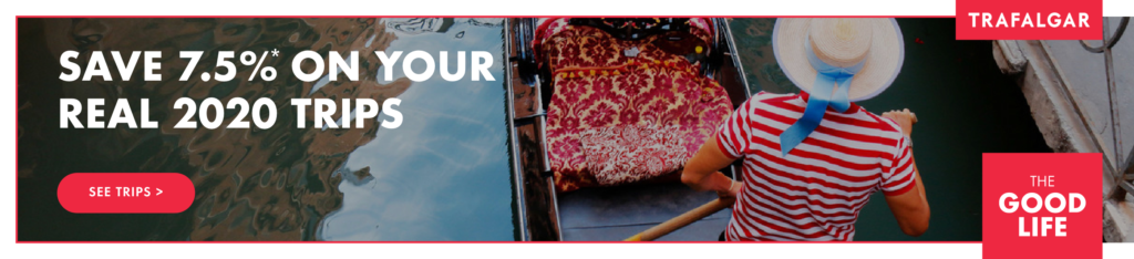A woman in a gondola with the words save 25% on your real 2020 trips, featuring Switzerland food.