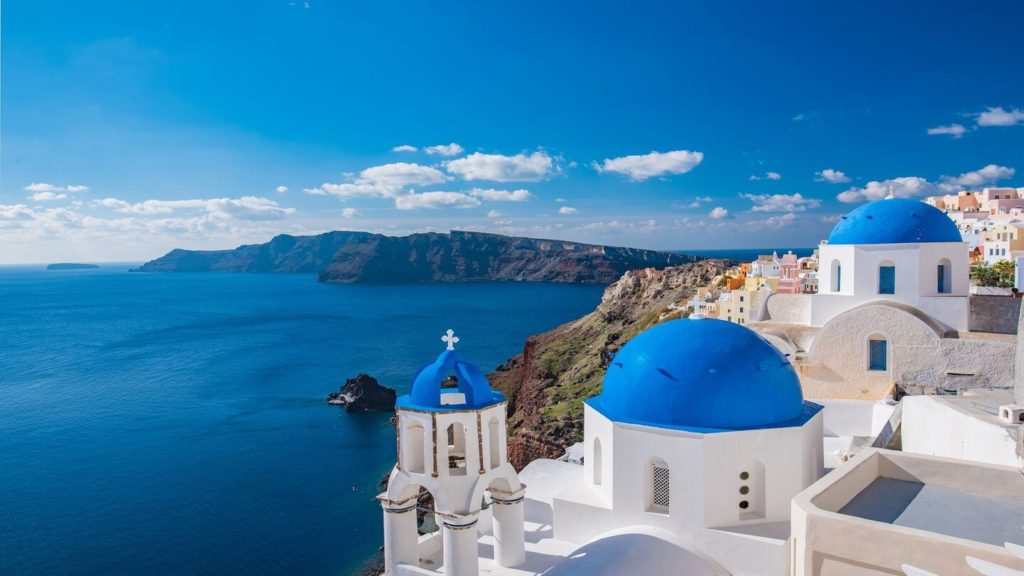 blue domes white buildings Santorini Greece