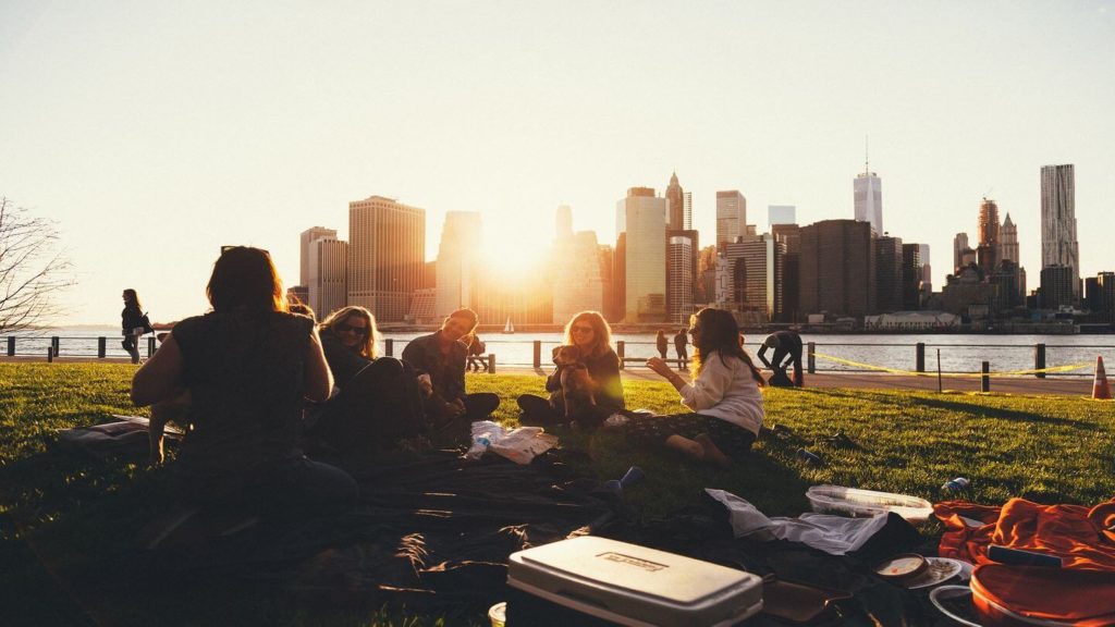 friends having a picnic city park