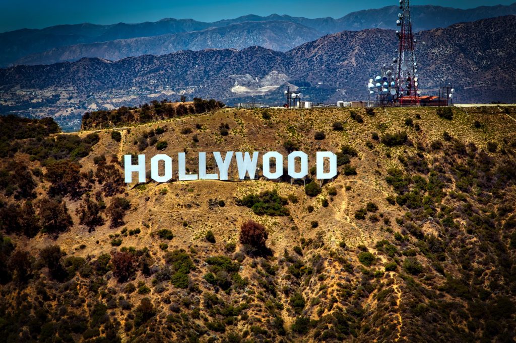 The iconic Hollywood sign rests atop a hill in California.