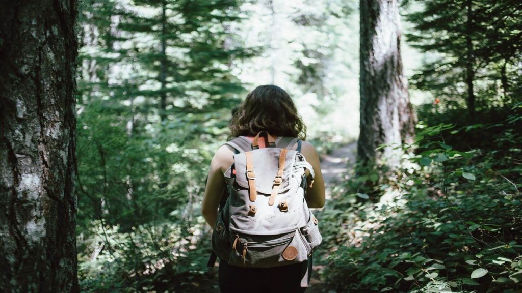 woman with backpack walking through the forest 