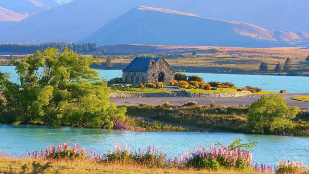 stone cottage in the middle of blue Lake Tekapo wit purple lupines and mountains, New Zealand