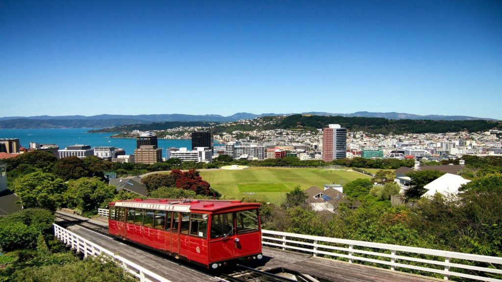red tram overlooking Wellington city New Zealand