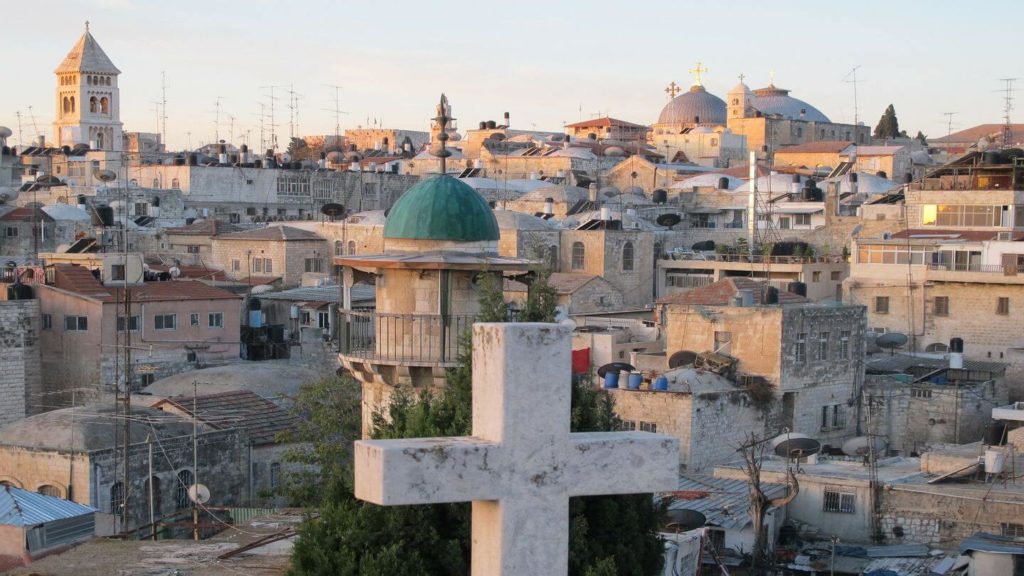 Christan cross in front of Jerusalem city Israel