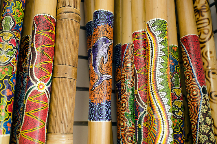 Hand painted didgeridoos, a First Nations wind instrument 
