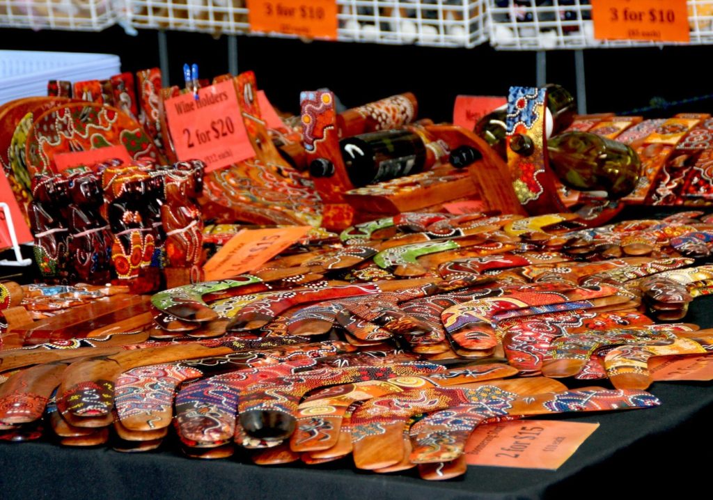 Homemade art and textiles at vendors at a First Nations People festival 
