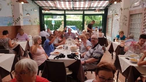 A group of people on a Trafalgar trip dining together in a casual restaurant with large windows and a garden view.