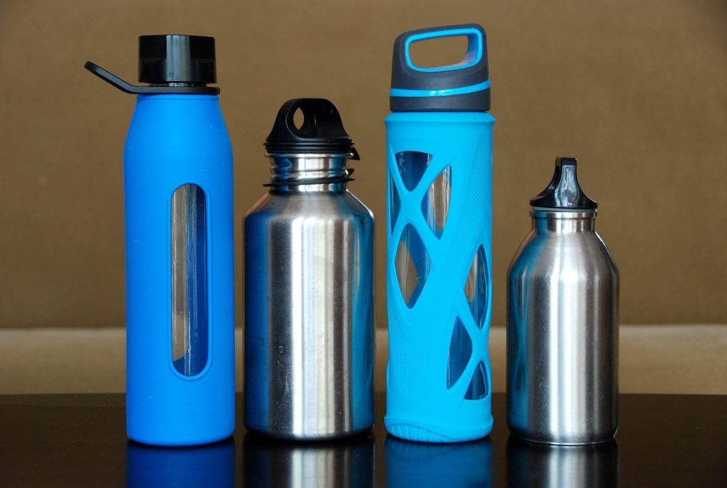 Variety of reusable water bottles.