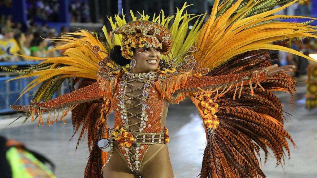 women in bright costume performing at Carnival in Rio de Janeiro
