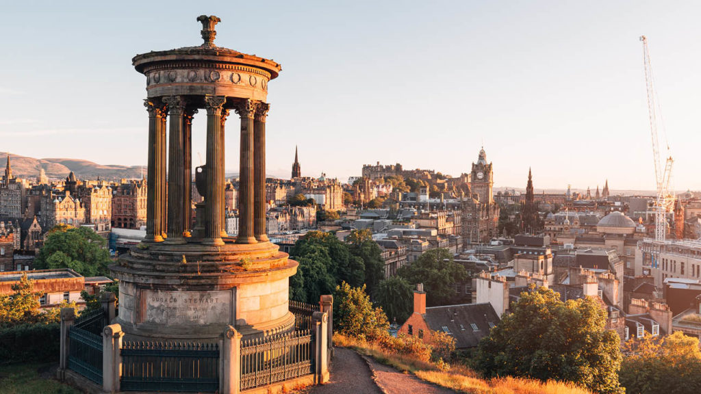 Edinburgh Castle at sunset with the light hitting the tower