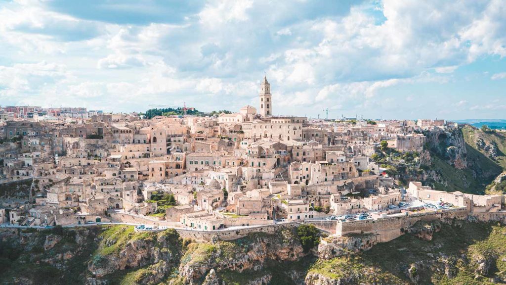 Aerial distant view of the centre of Matera 