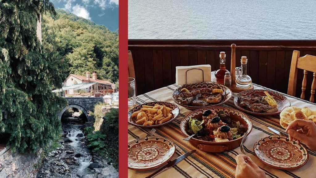 A scenic view of a stone bridge over a stream beside a rustic building on the left, and a traditional summer meal being served at a table with a view of a body of water in Switzerland on the