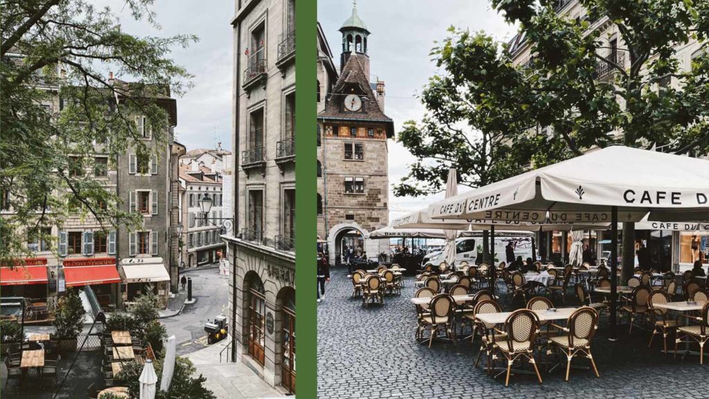 A summer European street scene in Switzerland with a tram on the left and an outdoor cafe on the right.
