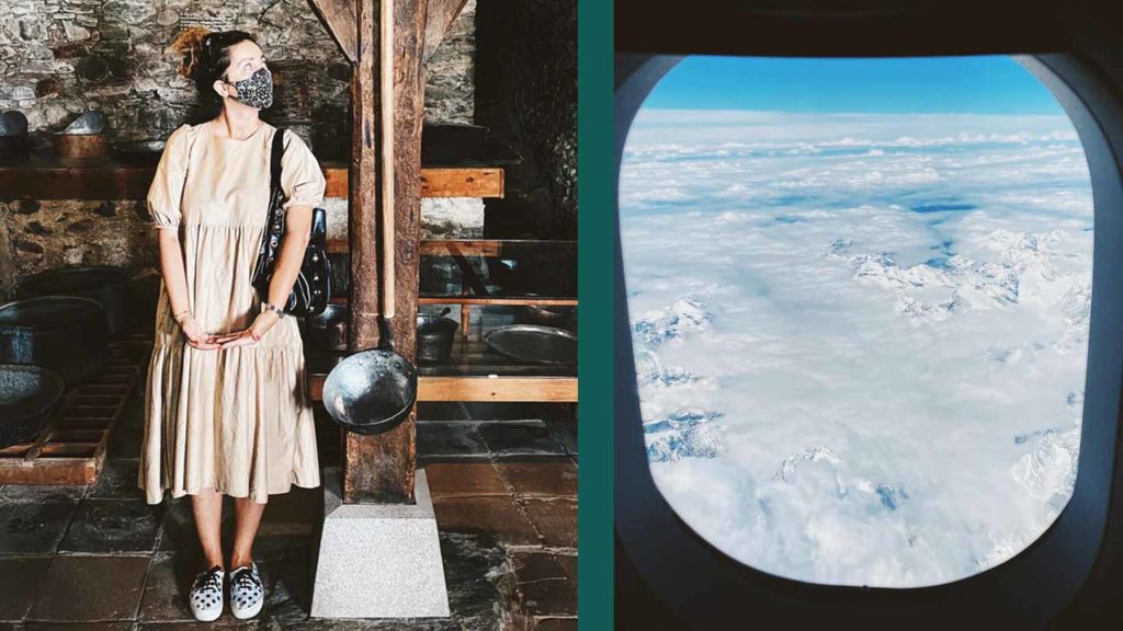 A woman standing in a rustic room paired with an airplane window view of clouds and terrain below, capturing the essence of summer in Switzerland.