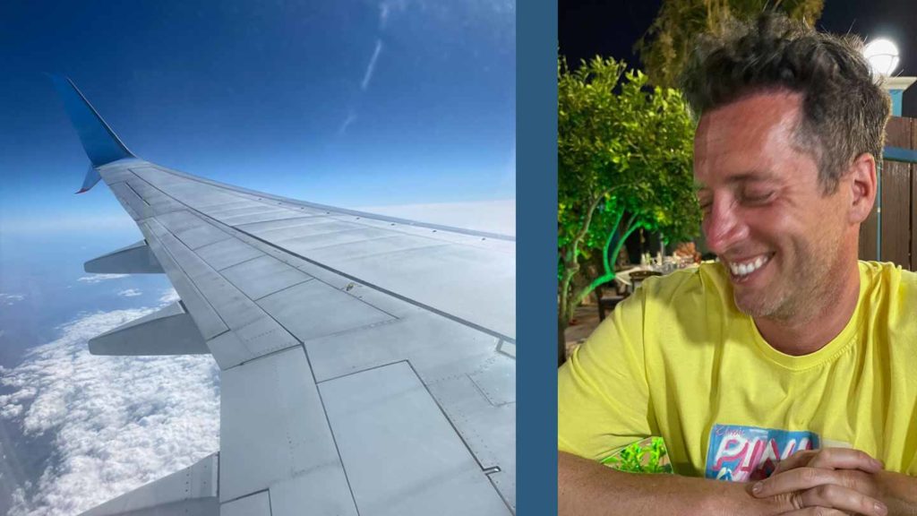 View from an airplane window during flight and a smiling man sitting outdoors.