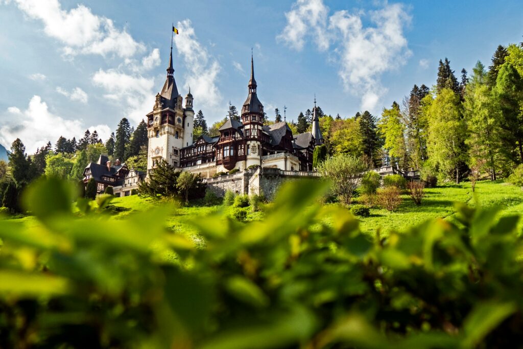 Ornate castle on a wooded hill 