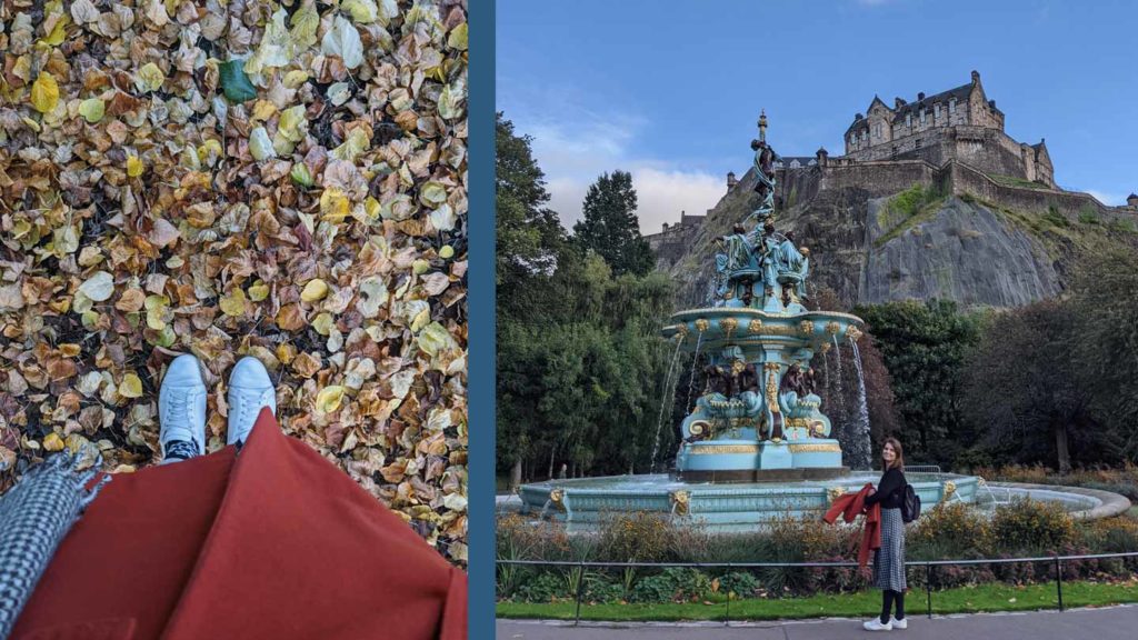 Person standing on a carpet of autumn leaves; a tourist smiling near an ornate fountain with a castle in the background.