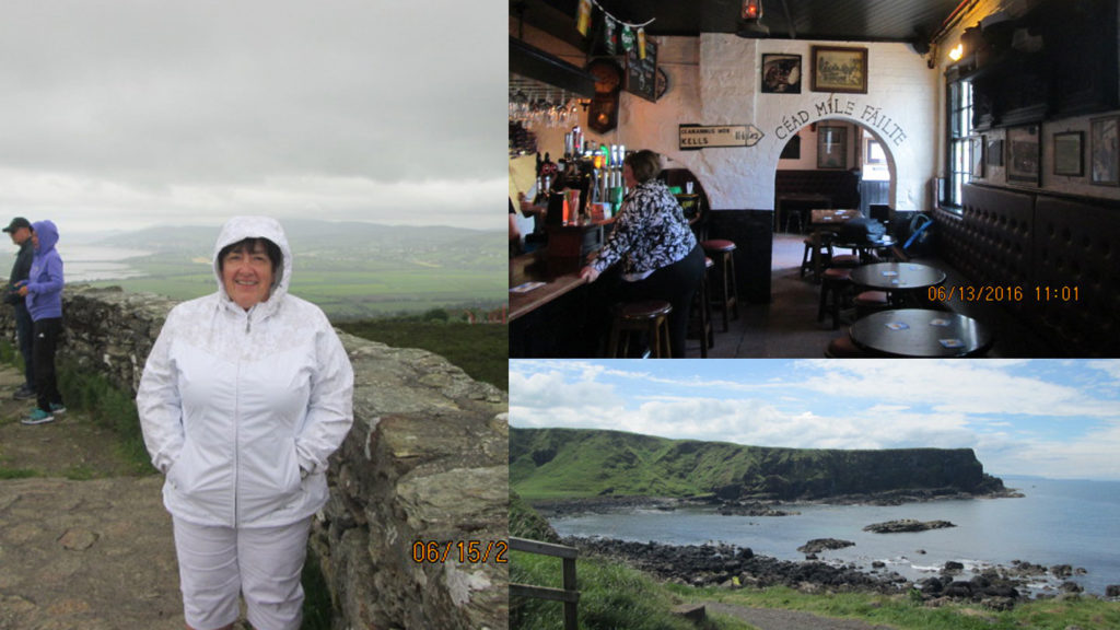 Collage of solo travel memories featuring a person standing on a scenic overlook, a cozy pub interior, and a coastal landscape.