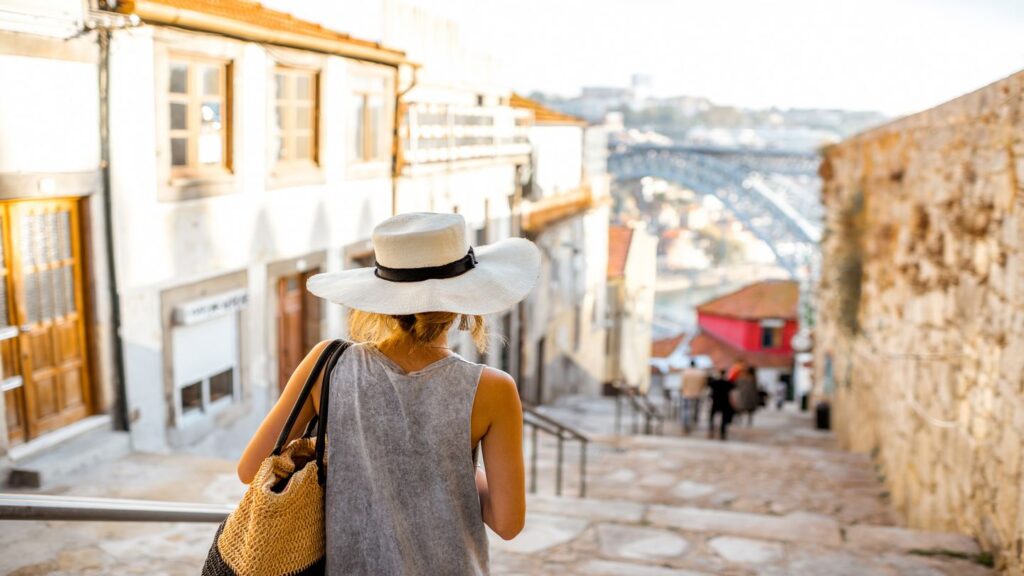 women exploring European town