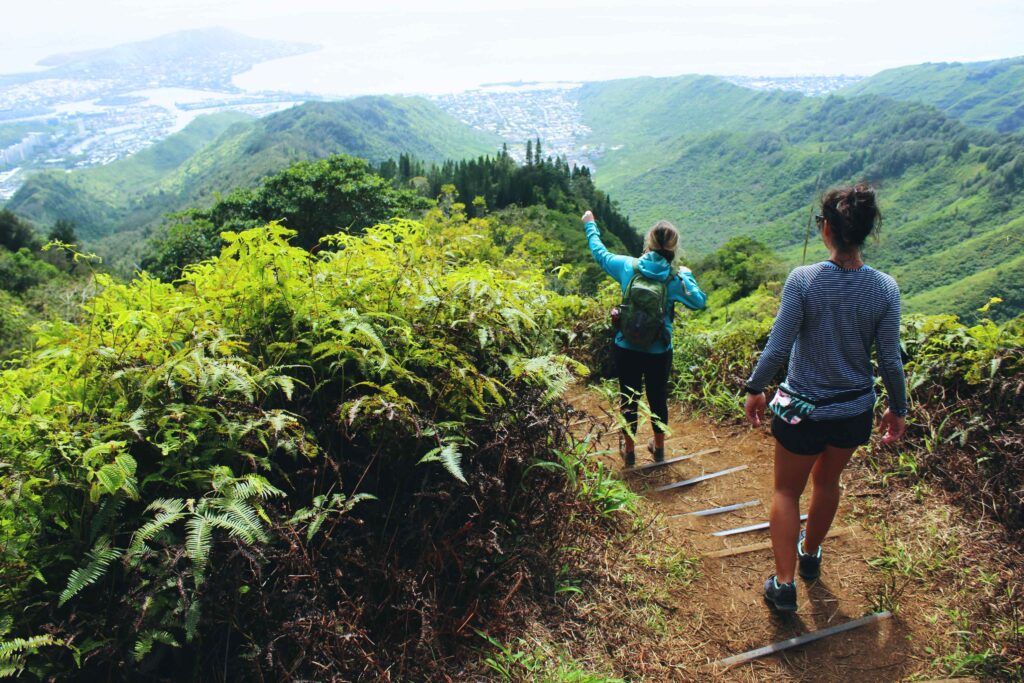 Two family members hiking on a forest trail overlooking a coastal area, with one person pointing towards the view.