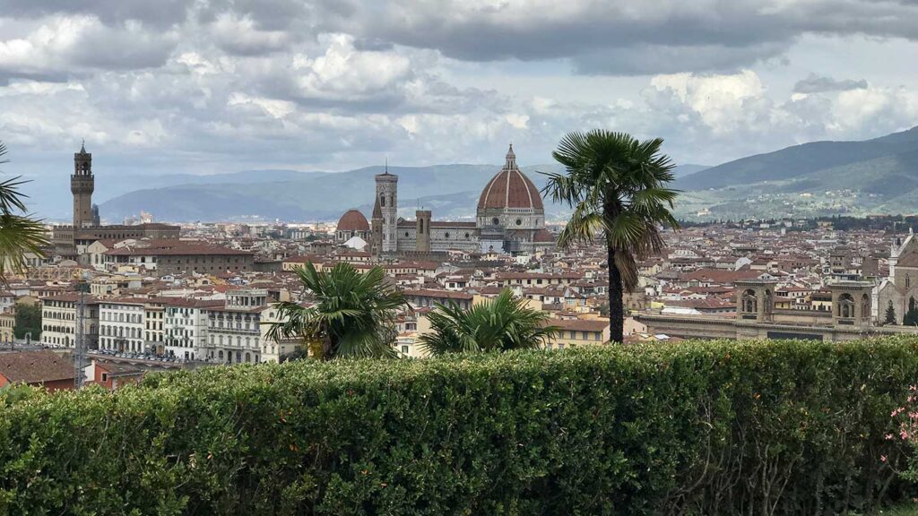 Panoramic view of Florence, Italy, showcasing the city's heritage with prominent landmarks like the Duomo and a palm tree in the foreground.