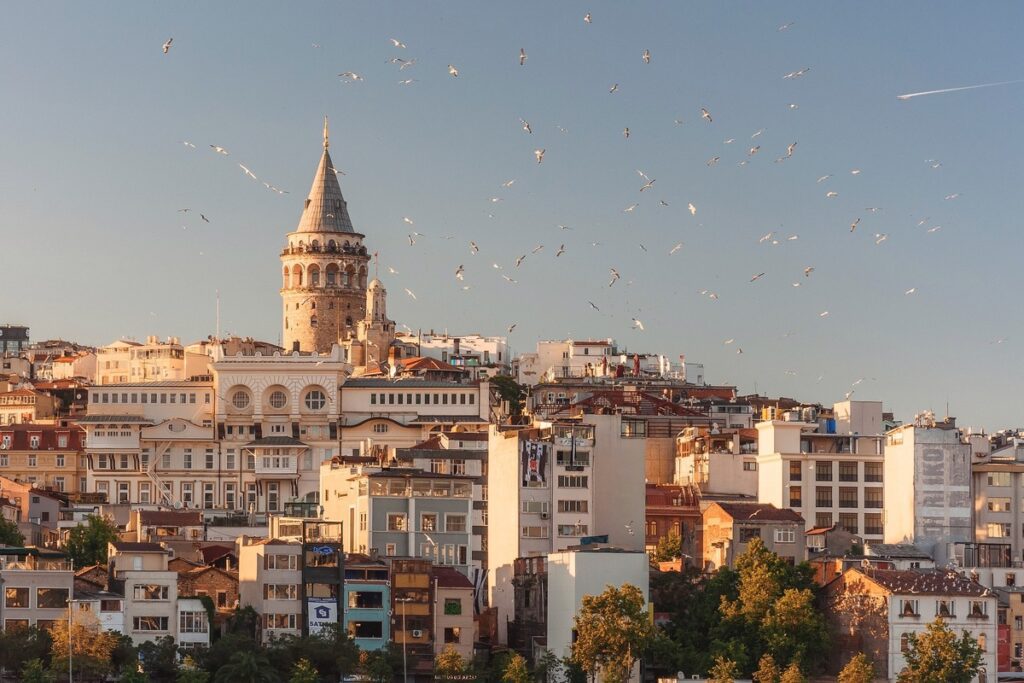A wide view of Istanbul showcasing Galata Tower amid densely packed buildings under a clear sky, with birds flying in the warm evening light. This scene from one of the safe travel destinations offers a glimpse into