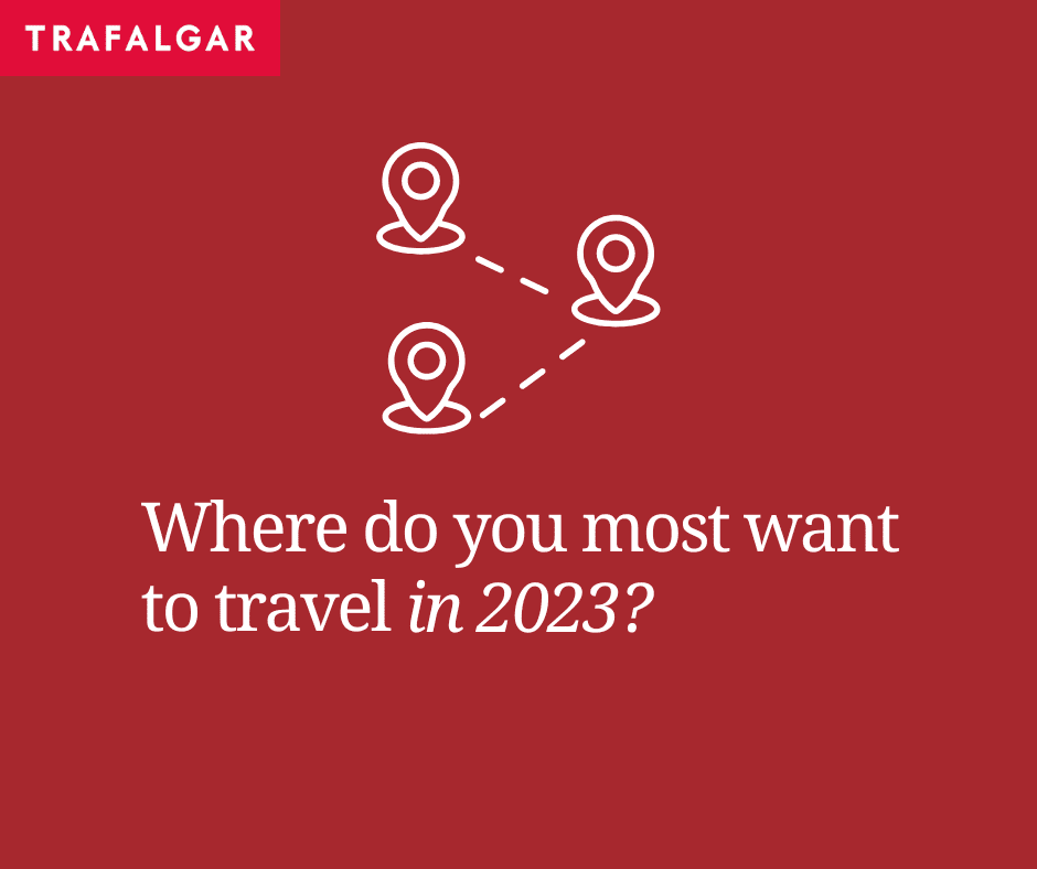 White map markers connected by dashed lines on a red background with text "where do you most want to travel in 2023?" highlighting 2023 travel destinations by Trafalgar.