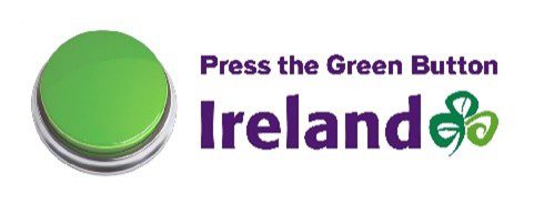 Logo featuring a green button with the text "press the green button Ireland 2023" and a stylized shamrock symbol.
