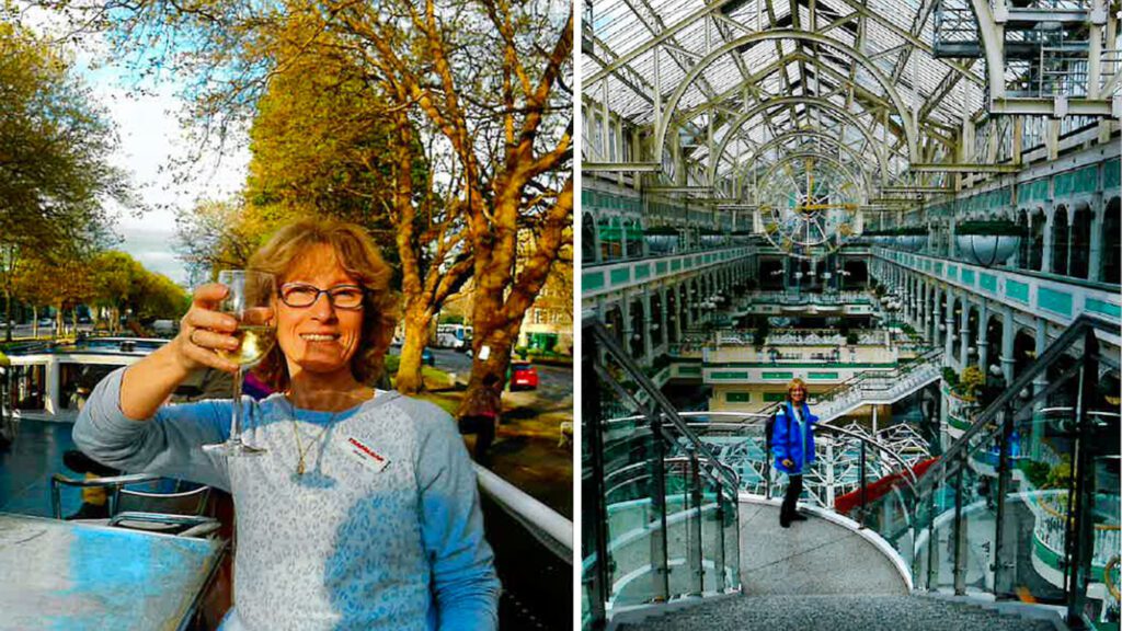 Left: a woman smiling, toasting a glass of wine on a boat in Ireland. Right: an individual exploring the ornate, multi-level interior of a glass-roofed building.