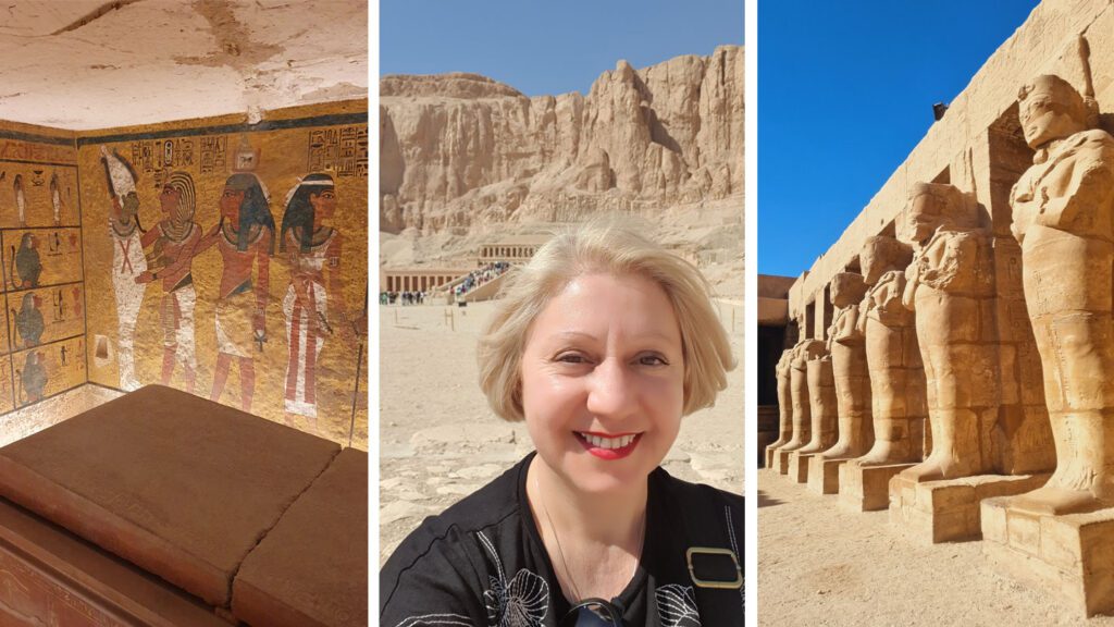 A triptych image featuring an ancient Egyptian tomb painting, a solo female traveller smiling in front of rocky terrain, and a row of statues at the Temple of Karnak.