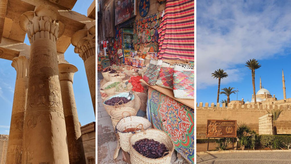 Triptych image featuring a solo female traveller near ancient Egyptian columns, a colorful bazaar with rugs and baskets, and a mosque behind city walls under a clear sky.
