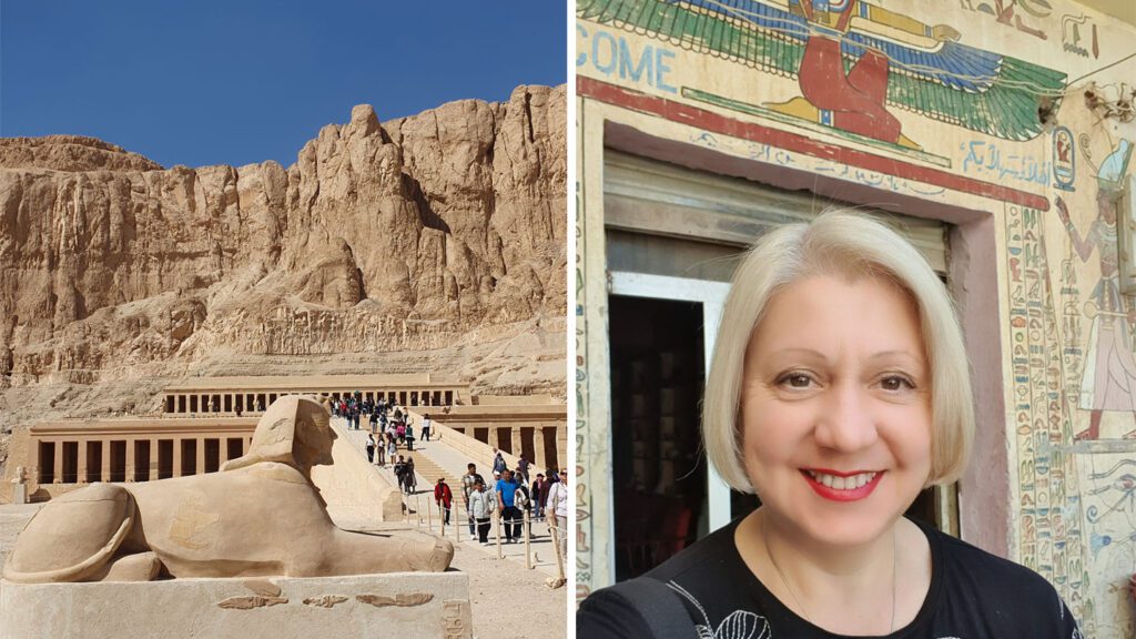 Left: tourists exploring the Temple of Hatshepsut in Egypt with a large statue of a sphinx in the foreground. Right: a solo female traveller with short blonde hair wearing a black