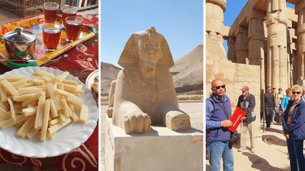 Three-panel image: left shows a plate of sugar cane, middle displays a sphinx statue in Egypt, right features a solo female traveller with tourists at an ancient Egyptian temple.