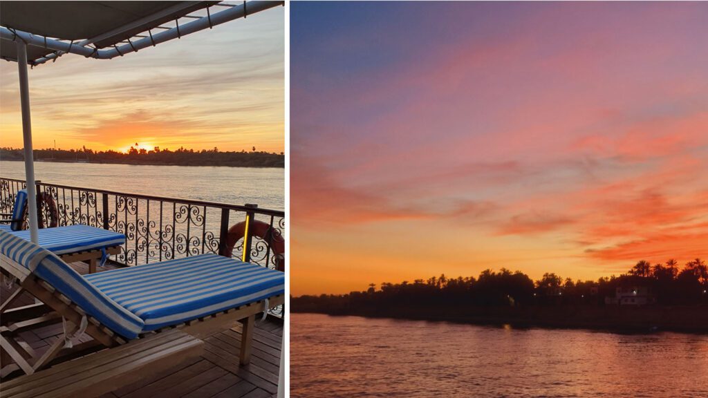 Split image showing two sunset scenes: left side has a river view from a deck with lounge chairs; right side captures a vivid sunset over a river with a solo female traveller silhouetted against the