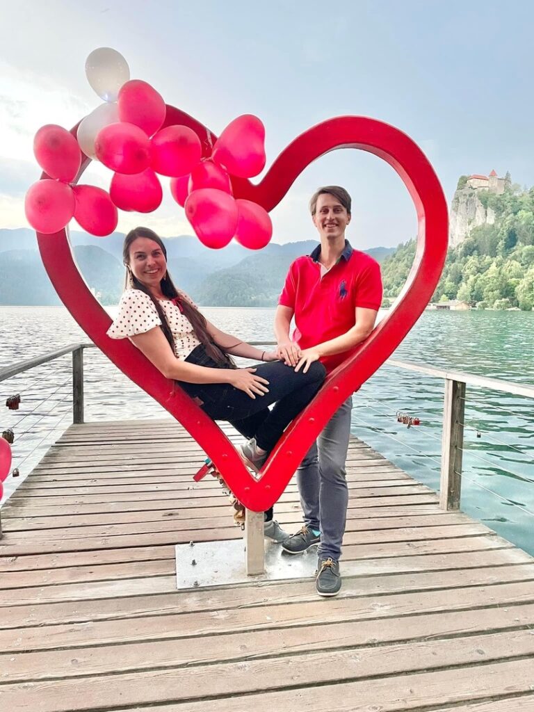 Madeline and husband at Lake Bled, Slovenia Trafalgar Unlocked Award winners