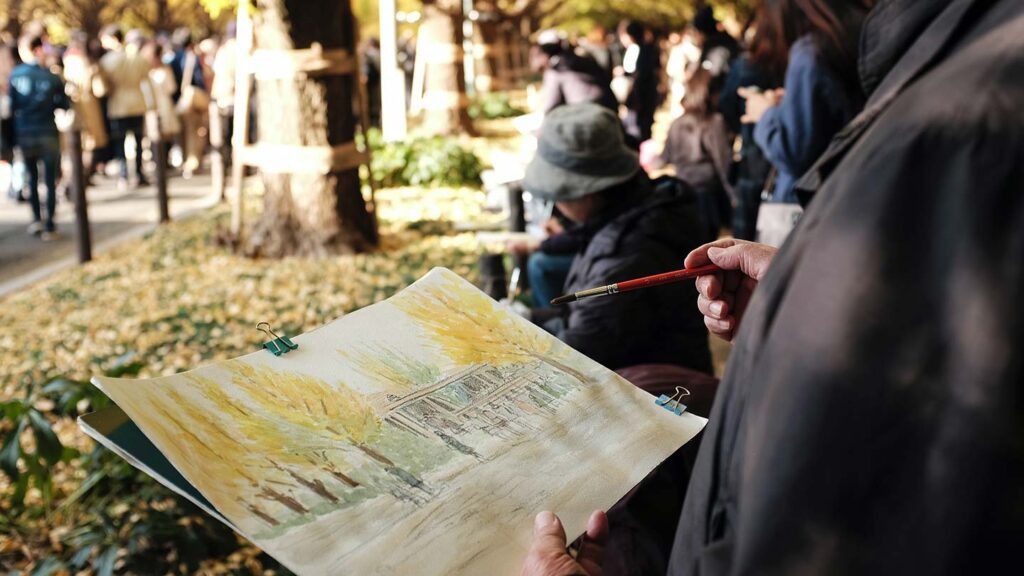 Watercolour painting autumn foliage in Tokyo Japan