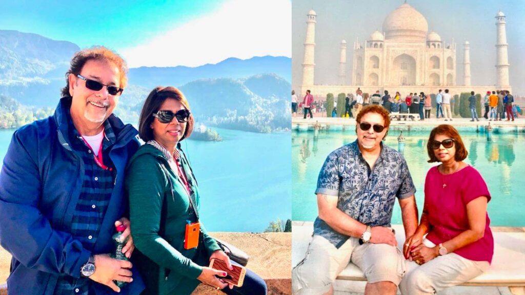 Two images side by side of a middle-aged couple; left at a lakeside with mountains, right in front of the Trafalgar Unlocked Awards.