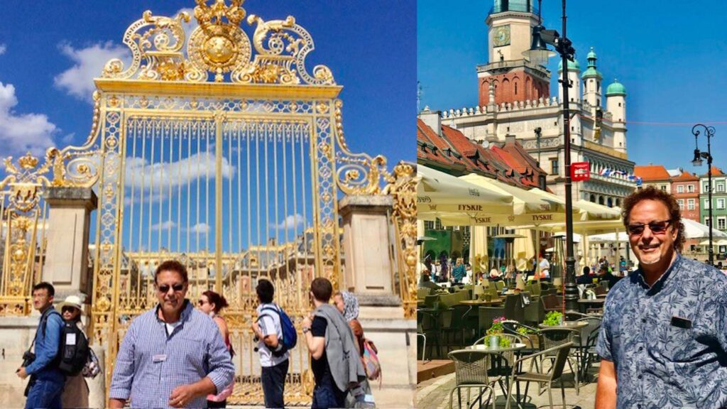 Man in sunglasses and shirt posing in front of an ornate golden gate and another scene of the same man, a Trafalgar Unlocked Awards winner, smiling in a city square with café tables