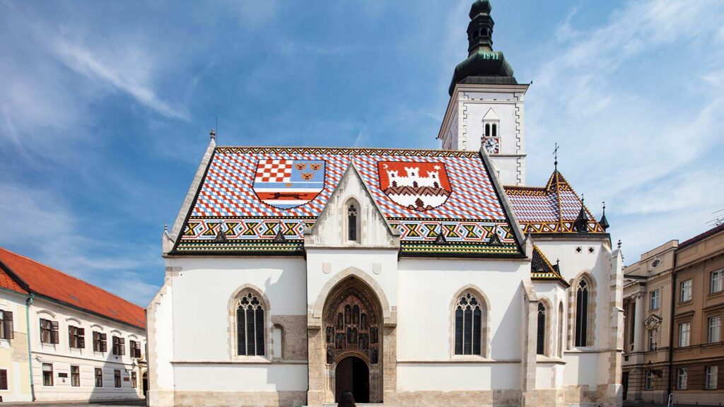 Zagreb's famous church, St. Mark's,  with its multi-colored tiled roof showcasing the historic Croatian shields.