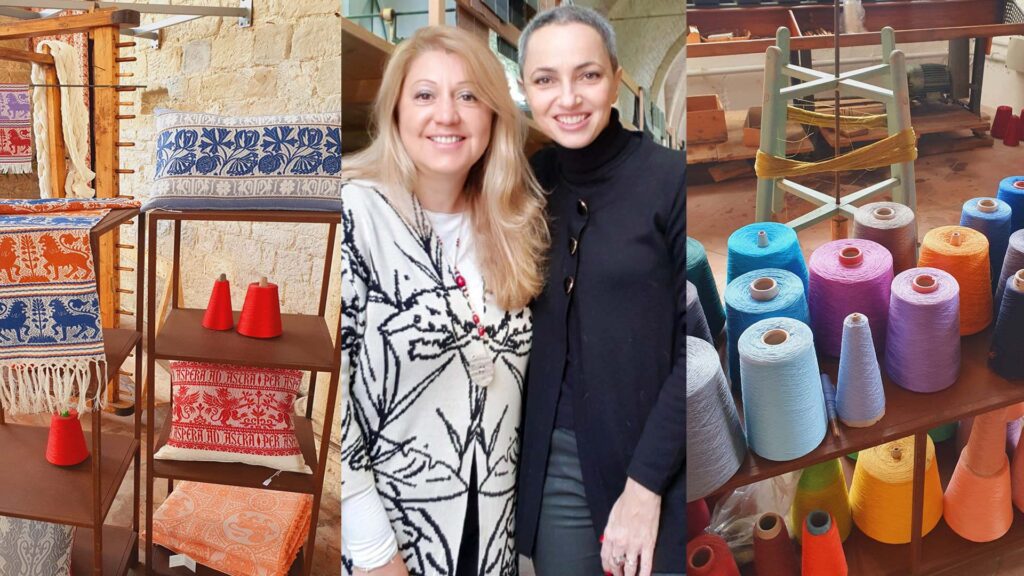 Three images collage showcasing cultural experiences with traditional textile weaving tools, two women smiling together, and colorful spools of yarn.