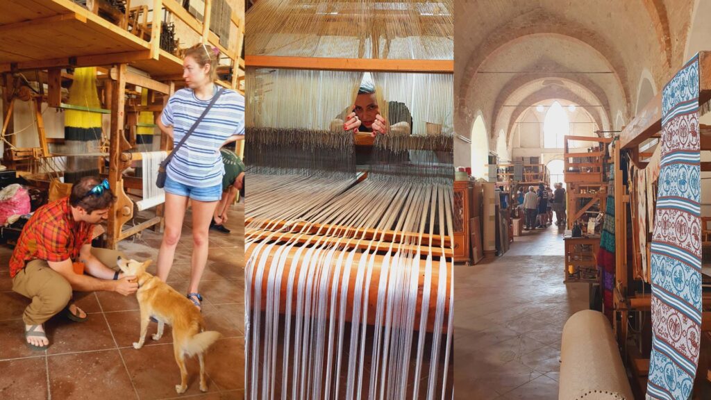 Three-panel image showcasing diverse culture experiences: a woman playing with a dog, a man weaving on a large loom, and a view inside an antique shop with various items.