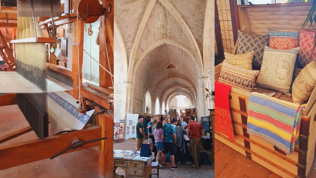 A triptych image showing a weaving loom, an indoor market in a vaulted hall, and a stall selling colorful textiles and cushions during a cultural immersion tour.