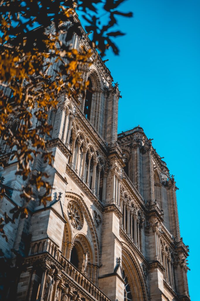 Side view of Notre Dame Cathedral in Paris with foreground autumn leaves, showcasing its Gothic architecture against a clear blue sky, highlighting interesting facts about Europe.